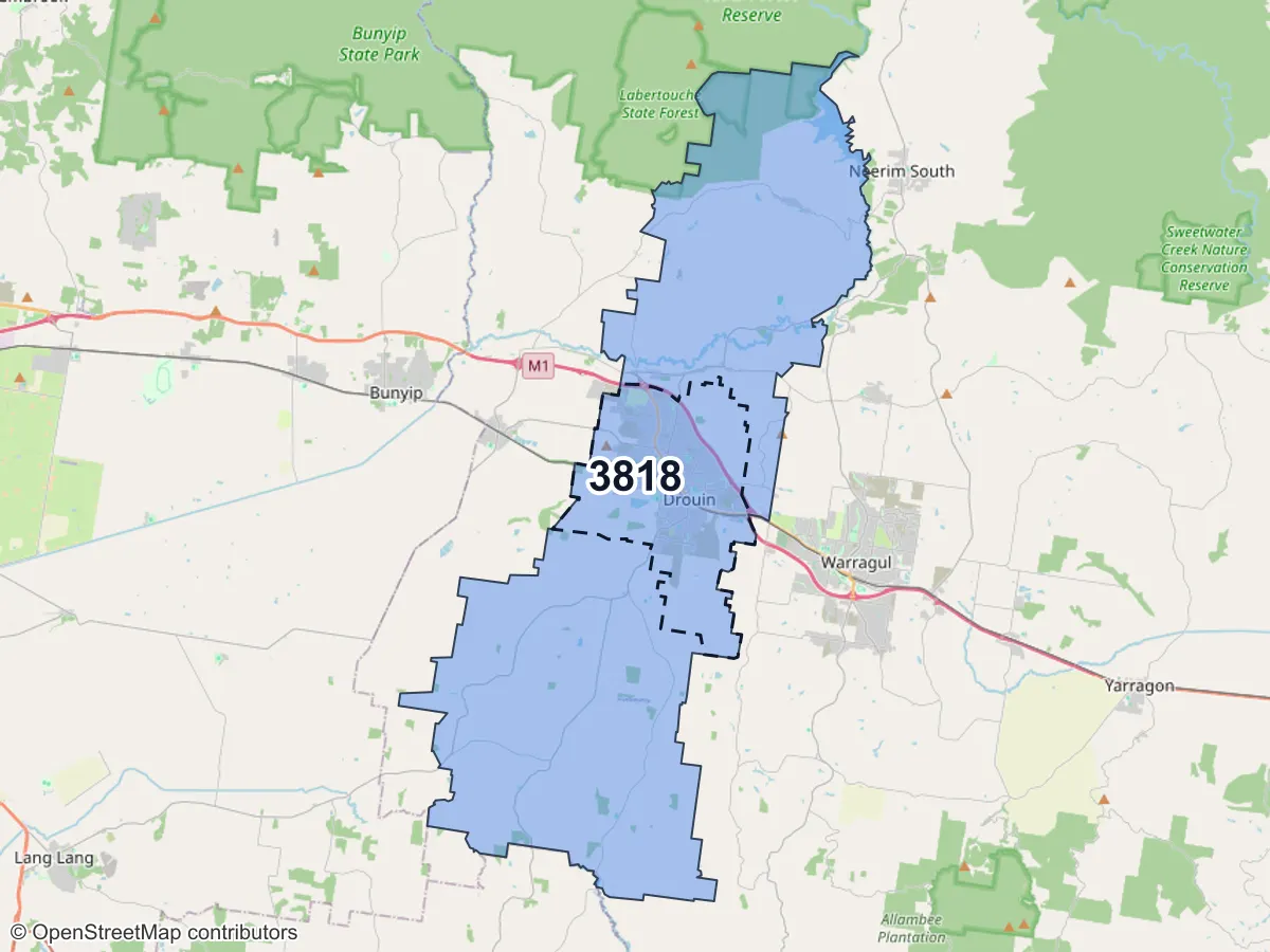 Map of Drouin, VIC, showing its postcode areas as colored shapes and the suburb outline as a dashed line