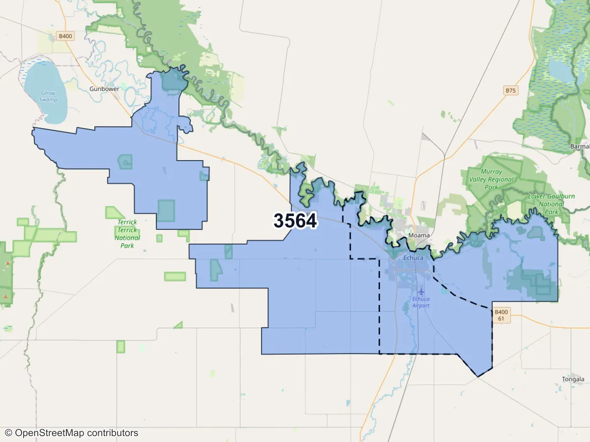 Map of Echuca, VIC, showing its postcode areas as colored shapes and the suburb outline as a dashed line