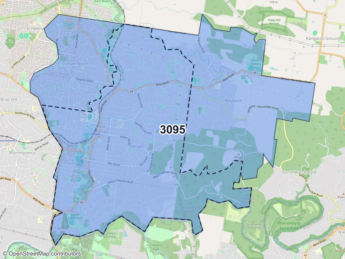 Map of Eltham, VIC, showing its postcode areas as colored shapes and the suburb outline as a dashed line