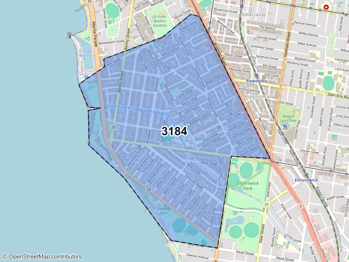 Map of Elwood, VIC, showing its postcode areas as colored shapes and the suburb outline as a dashed line