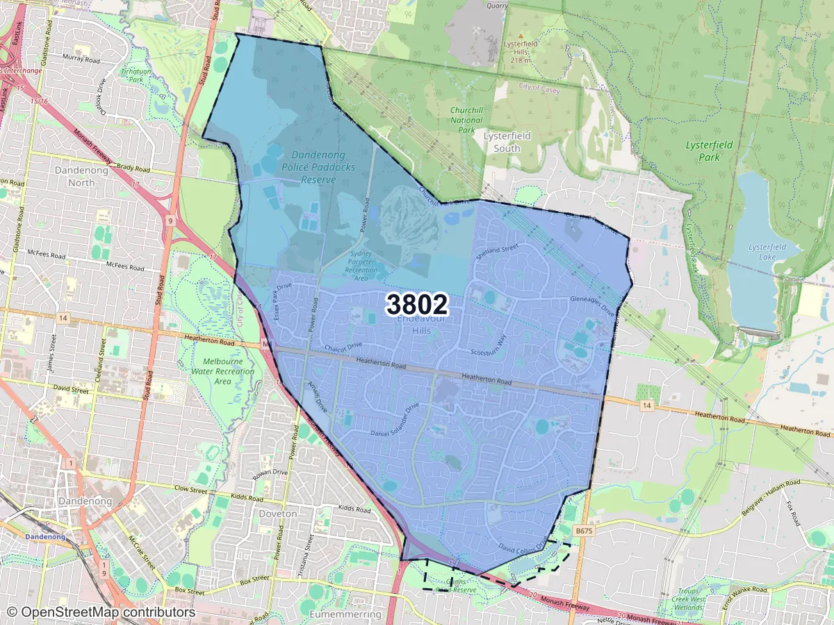 Map of Endeavour Hills, VIC, showing its postcode areas as colored shapes and the suburb outline as a dashed line