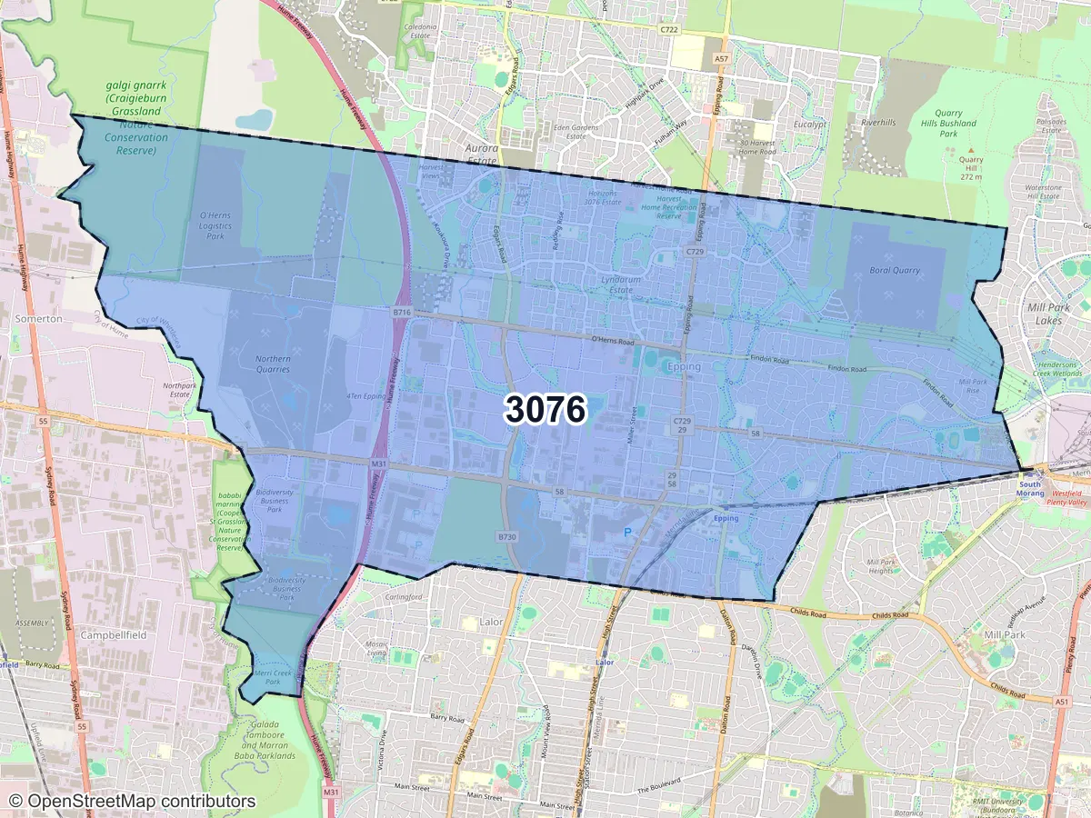 Map of Epping, VIC, showing its postcode areas as colored shapes and the suburb outline as a dashed line