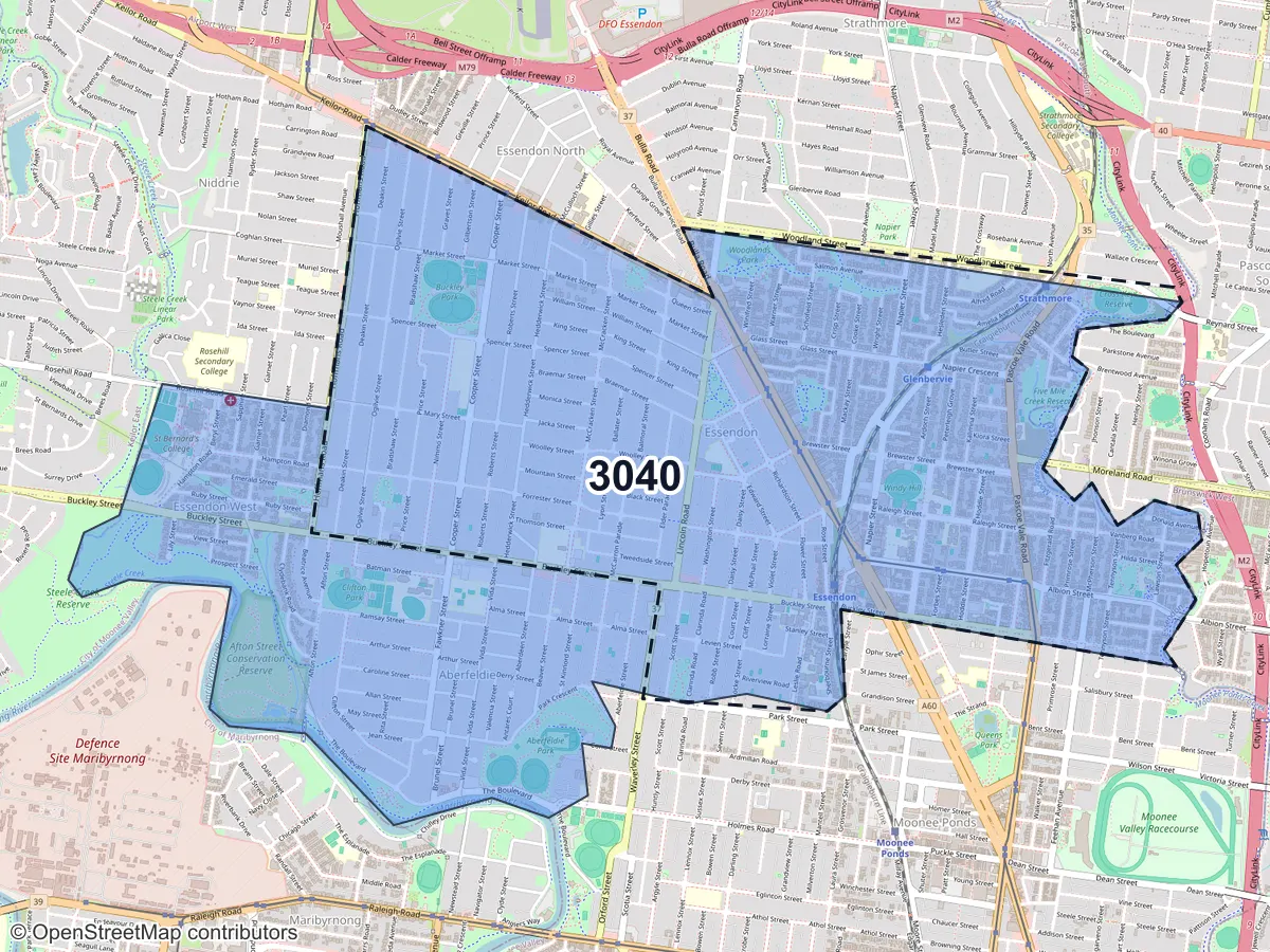 Map of Essendon, VIC, showing its postcode areas as colored shapes and the suburb outline as a dashed line
