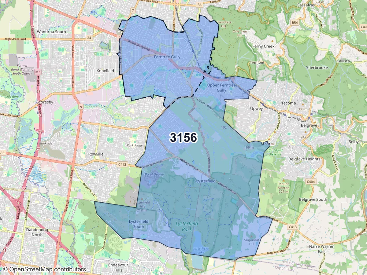 Map of Ferntree Gully, VIC, showing its postcode areas as colored shapes and the suburb outline as a dashed line