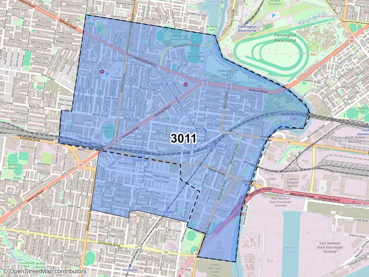 Map of Footscray, VIC, showing its postcode areas as colored shapes and the suburb outline as a dashed line