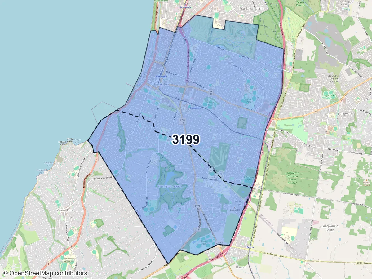 Map of Frankston South, VIC, showing its postcode areas as colored shapes and the suburb outline as a dashed line