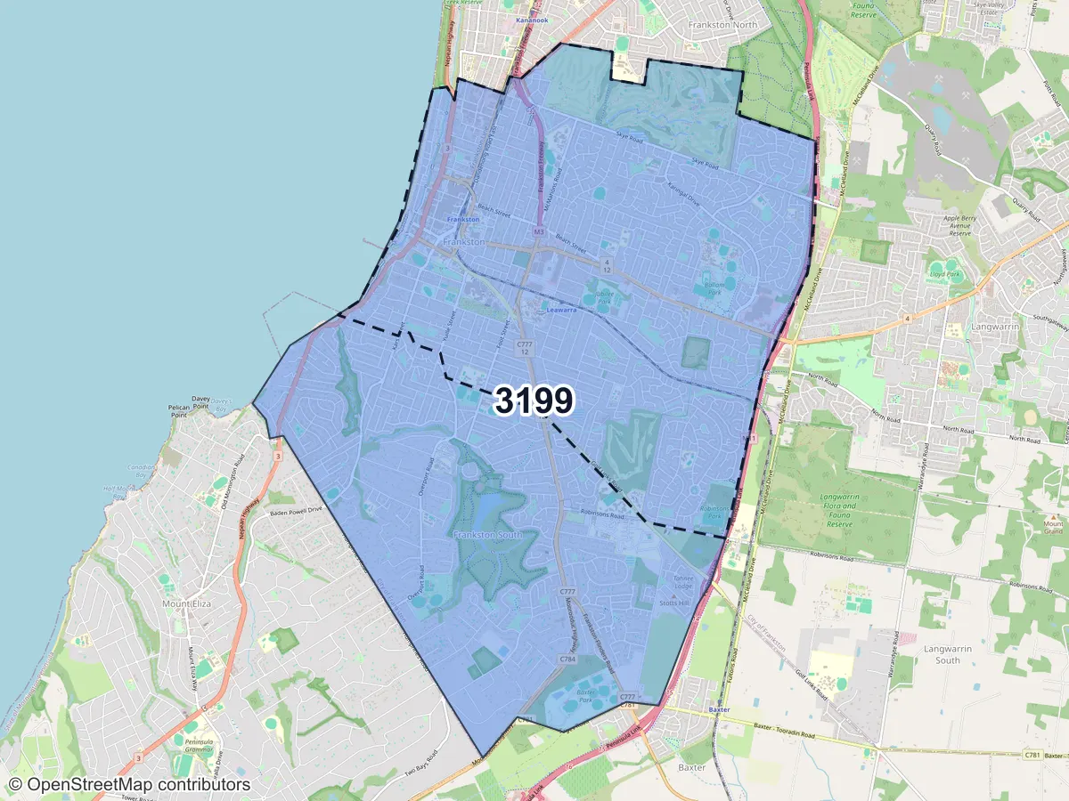 Map of Frankston, VIC, showing its postcode areas as colored shapes and the suburb outline as a dashed line