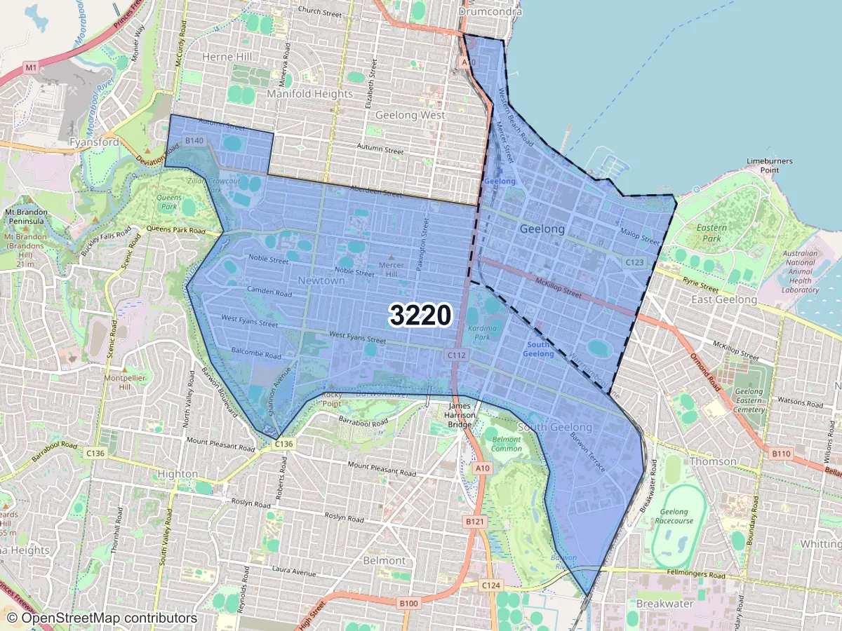 Map of Geelong, VIC, showing its postcode areas as colored shapes and the suburb outline as a dashed line