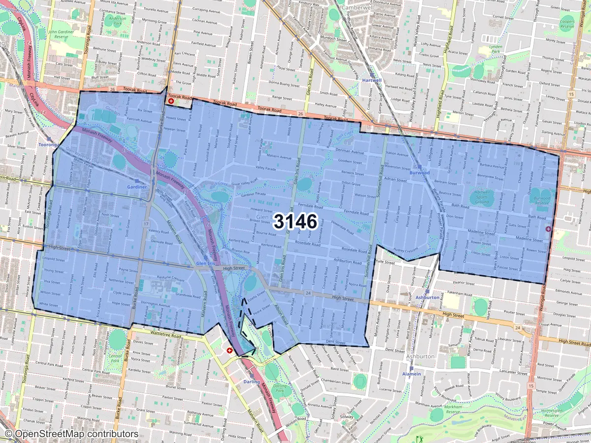 Map of Glen Iris, VIC, showing its postcode areas as colored shapes and the suburb outline as a dashed line