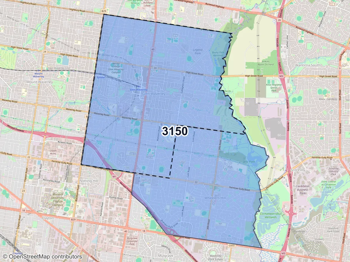 Map of Glen Waverley, VIC, showing its postcode areas as colored shapes and the suburb outline as a dashed line