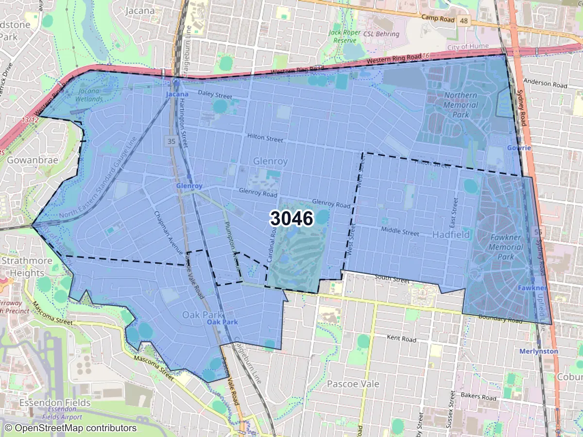 Map of Glenroy, VIC, showing its postcode areas as colored shapes and the suburb outline as a dashed line