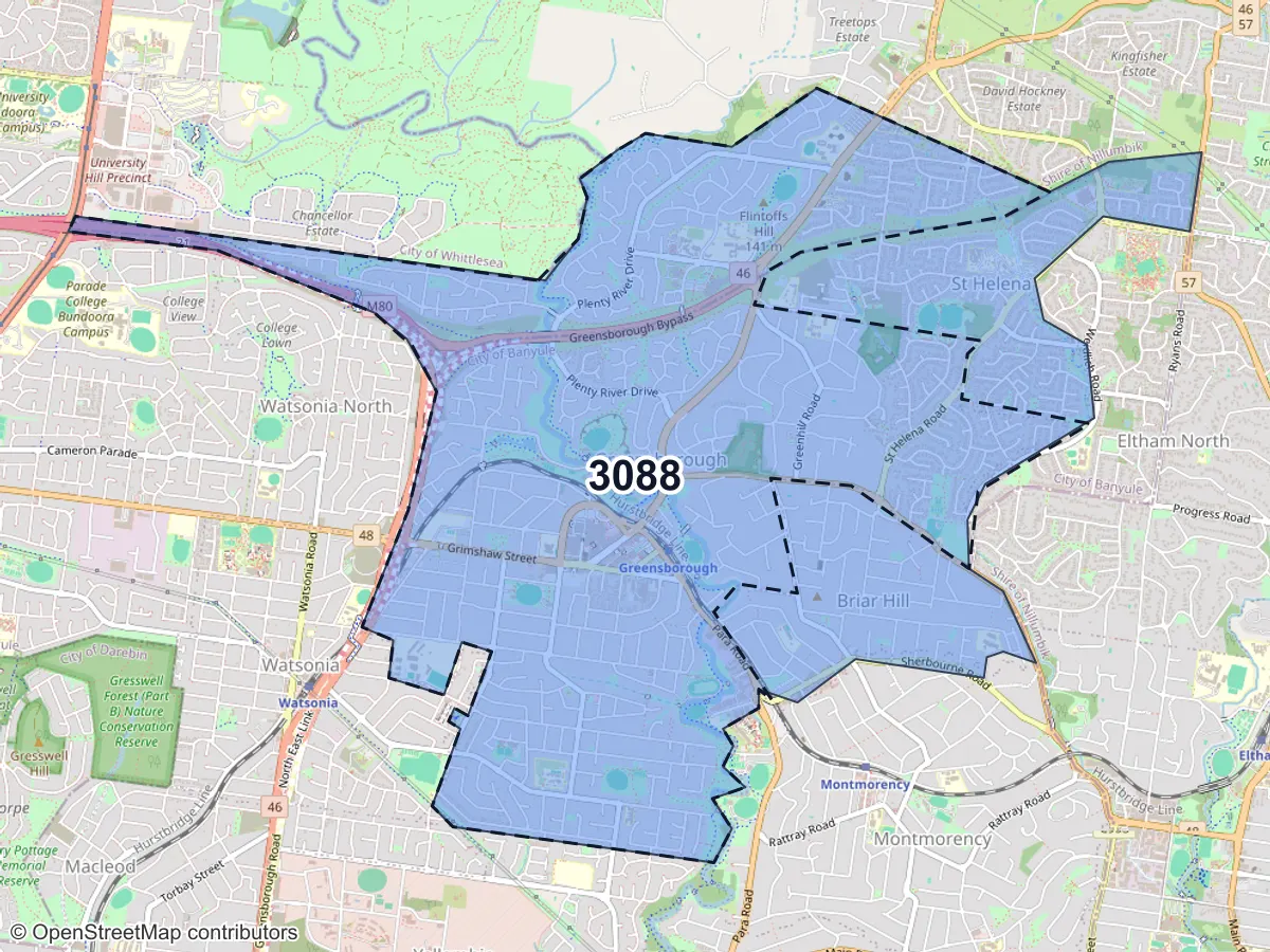 Map of Greensborough, VIC, showing its postcode areas as colored shapes and the suburb outline as a dashed line