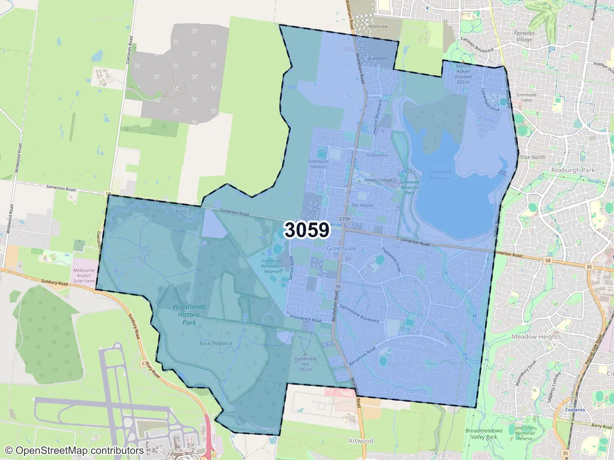 Map of Greenvale, VIC, showing its postcode areas as colored shapes and the suburb outline as a dashed line