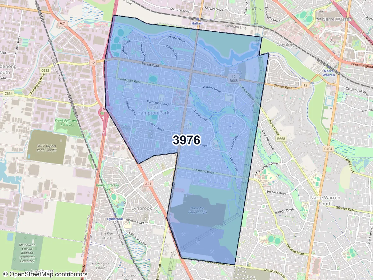 Map of Hampton Park, VIC, showing its postcode areas as colored shapes and the suburb outline as a dashed line