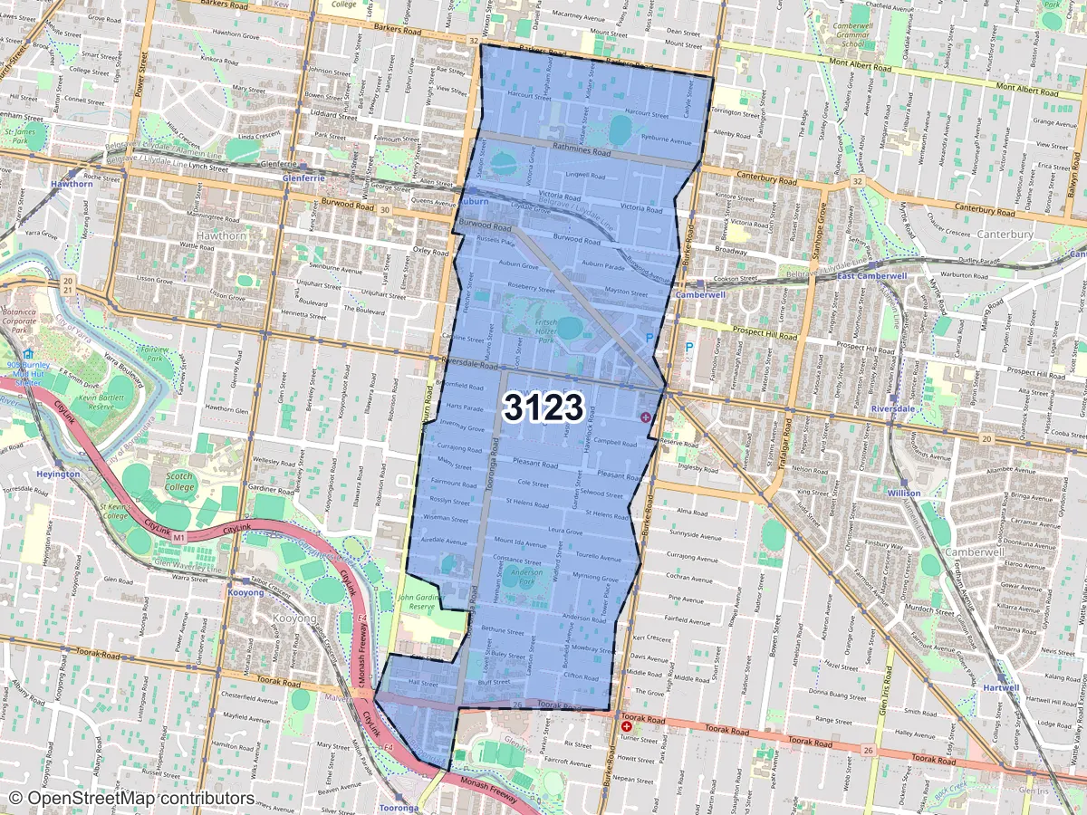 Map of Hawthorn East, VIC, showing its postcode areas as colored shapes and the suburb outline as a dashed line