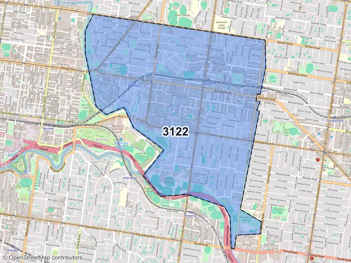 Map of Hawthorn, VIC, showing its postcode areas as colored shapes and the suburb outline as a dashed line