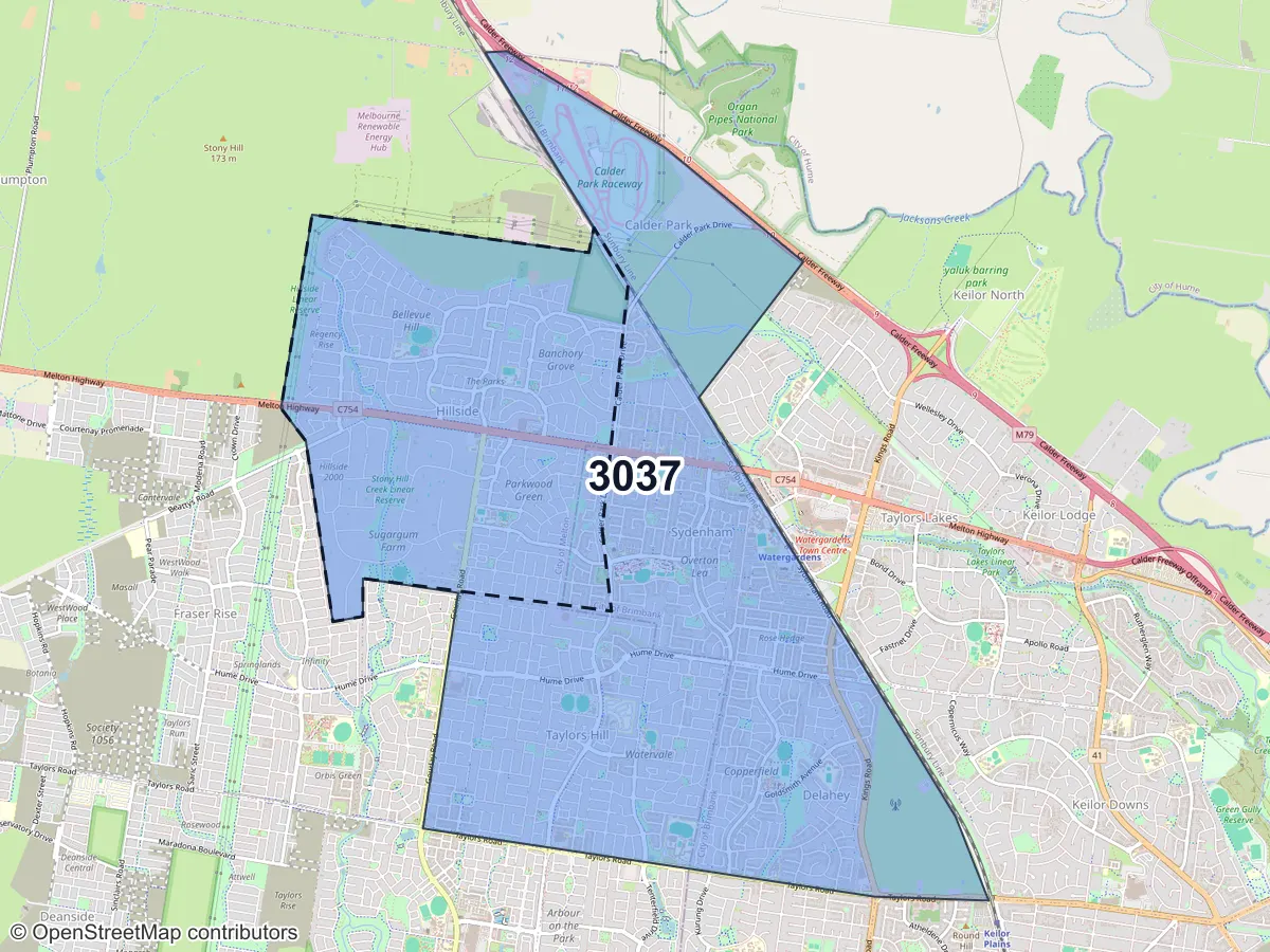 Map of Hillside, VIC, showing its postcode areas as colored shapes and the suburb outline as a dashed line