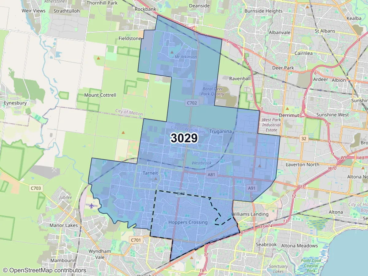 Map of Hoppers Crossing, VIC, showing its postcode areas as colored shapes and the suburb outline as a dashed line