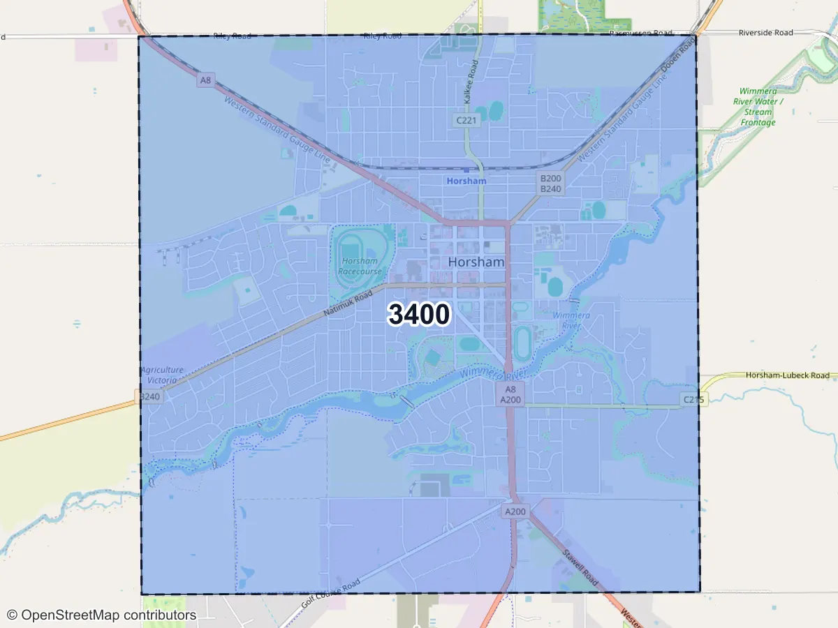 Map of Horsham, VIC, showing its postcode areas as colored shapes and the suburb outline as a dashed line
