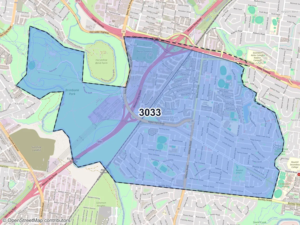 Map of Keilor East, VIC, showing its postcode areas as colored shapes and the suburb outline as a dashed line
