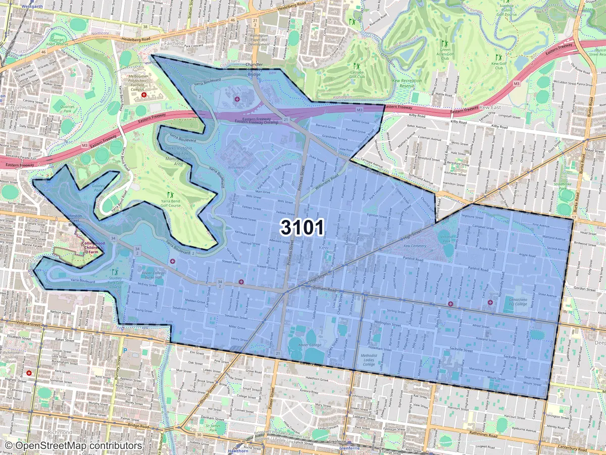 Map of Kew, VIC, showing its postcode areas as colored shapes and the suburb outline as a dashed line