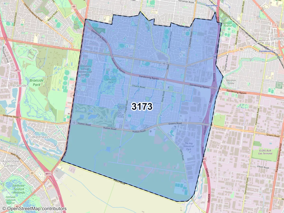 Map of Keysborough, VIC, showing its postcode areas as colored shapes and the suburb outline as a dashed line
