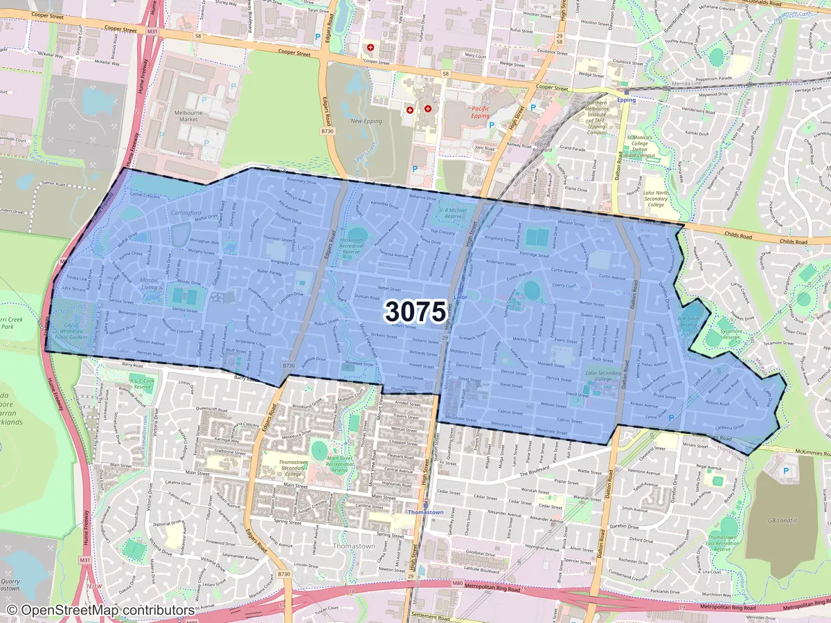 Map of Lalor, VIC, showing its postcode areas as colored shapes and the suburb outline as a dashed line
