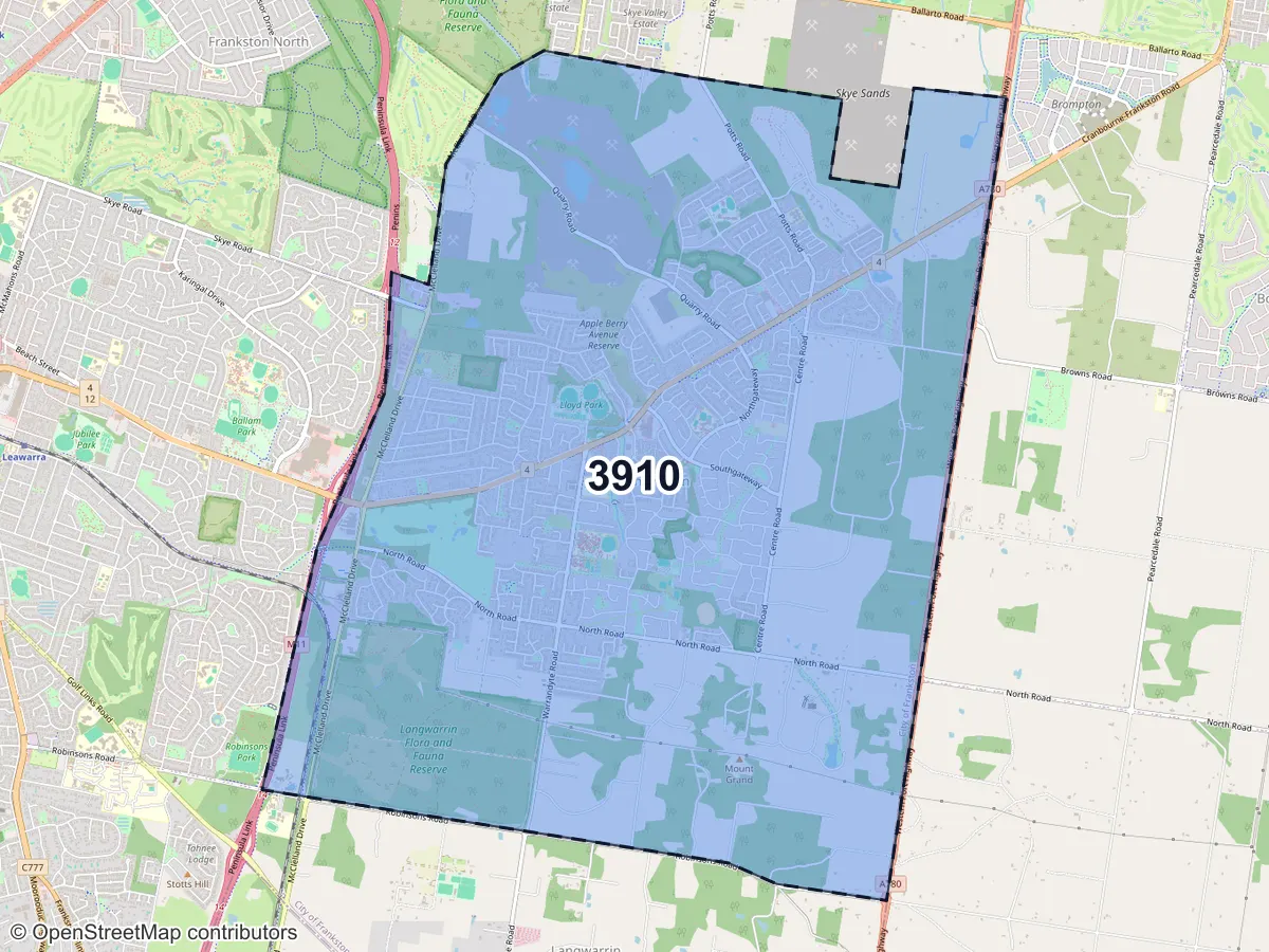 Map of Langwarrin, VIC, showing its postcode areas as colored shapes and the suburb outline as a dashed line