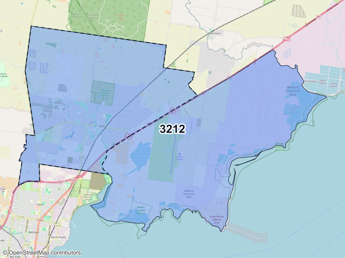 Map of Lara, VIC, showing its postcode areas as colored shapes and the suburb outline as a dashed line