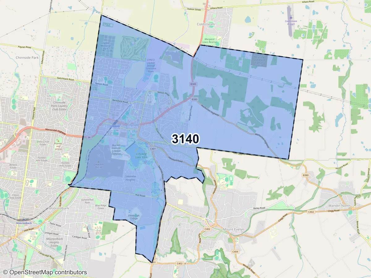 Map of Lilydale, VIC, showing its postcode areas as colored shapes and the suburb outline as a dashed line