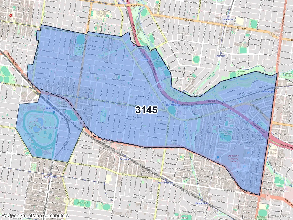 Map of Malvern East, VIC, showing its postcode areas as colored shapes and the suburb outline as a dashed line