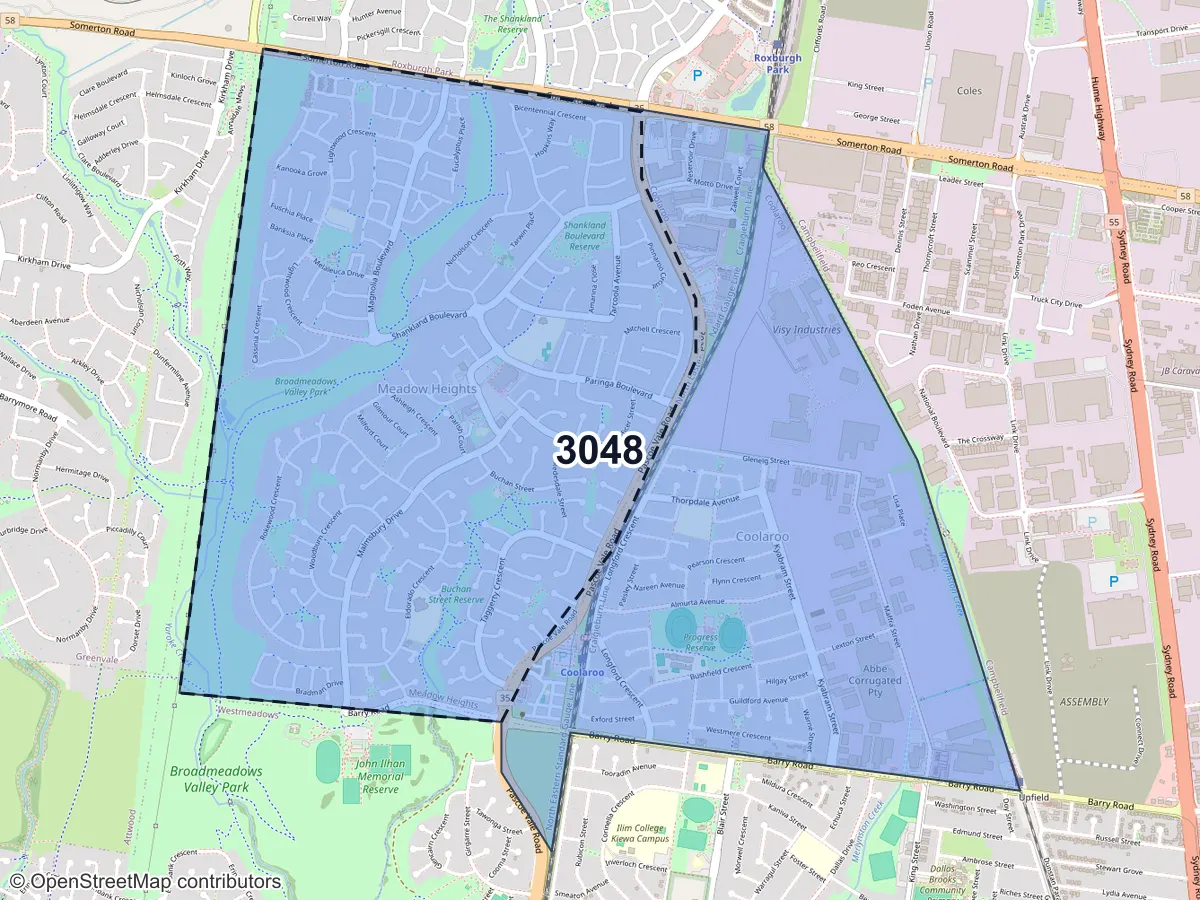 Map of Meadow Heights, VIC, showing its postcode areas as colored shapes and the suburb outline as a dashed line