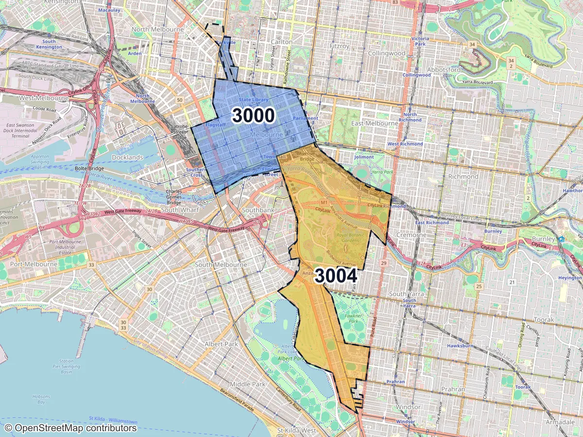 Map of Melbourne, VIC, showing its postcode areas as colored shapes and the suburb outline as a dashed line