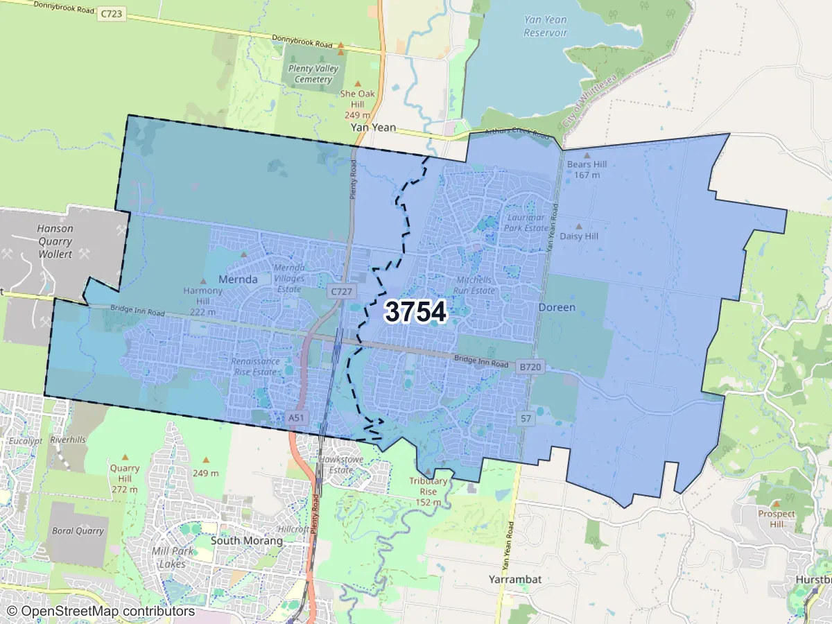 Map of Mernda, VIC, showing its postcode areas as colored shapes and the suburb outline as a dashed line