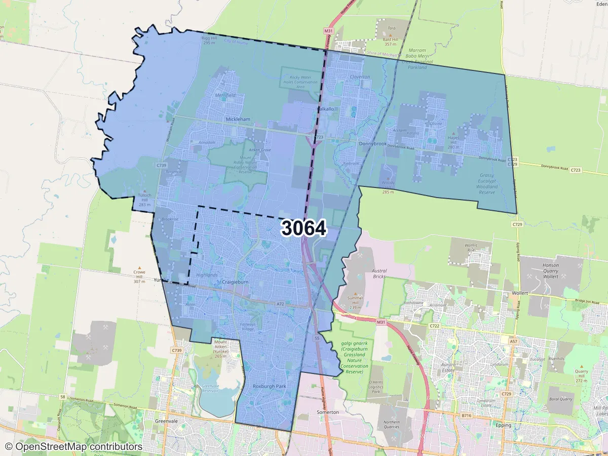 Map of Mickleham, VIC, showing its postcode areas as colored shapes and the suburb outline as a dashed line