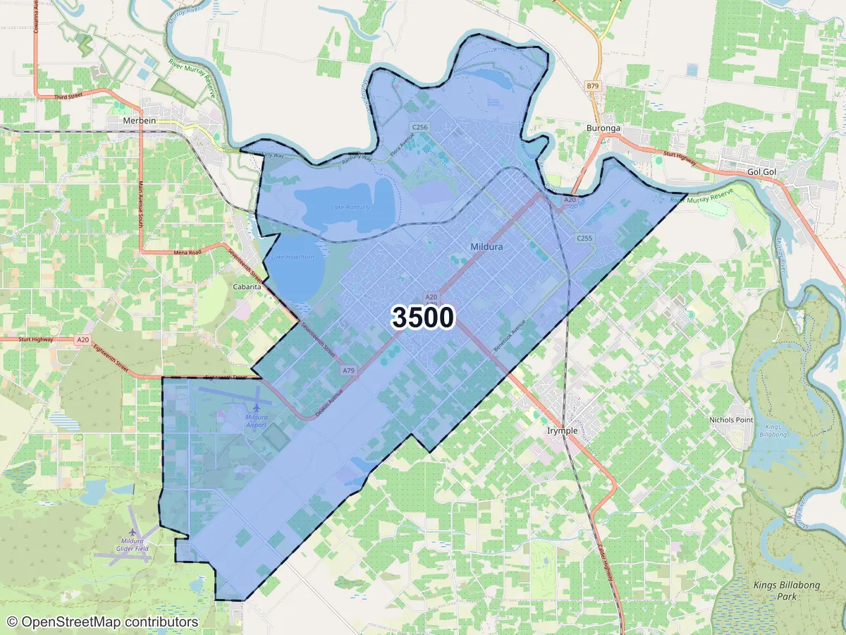 Map of Mildura, VIC, showing its postcode areas as colored shapes and the suburb outline as a dashed line