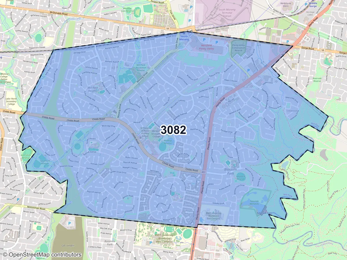 Map of Mill Park, VIC, showing its postcode areas as colored shapes and the suburb outline as a dashed line