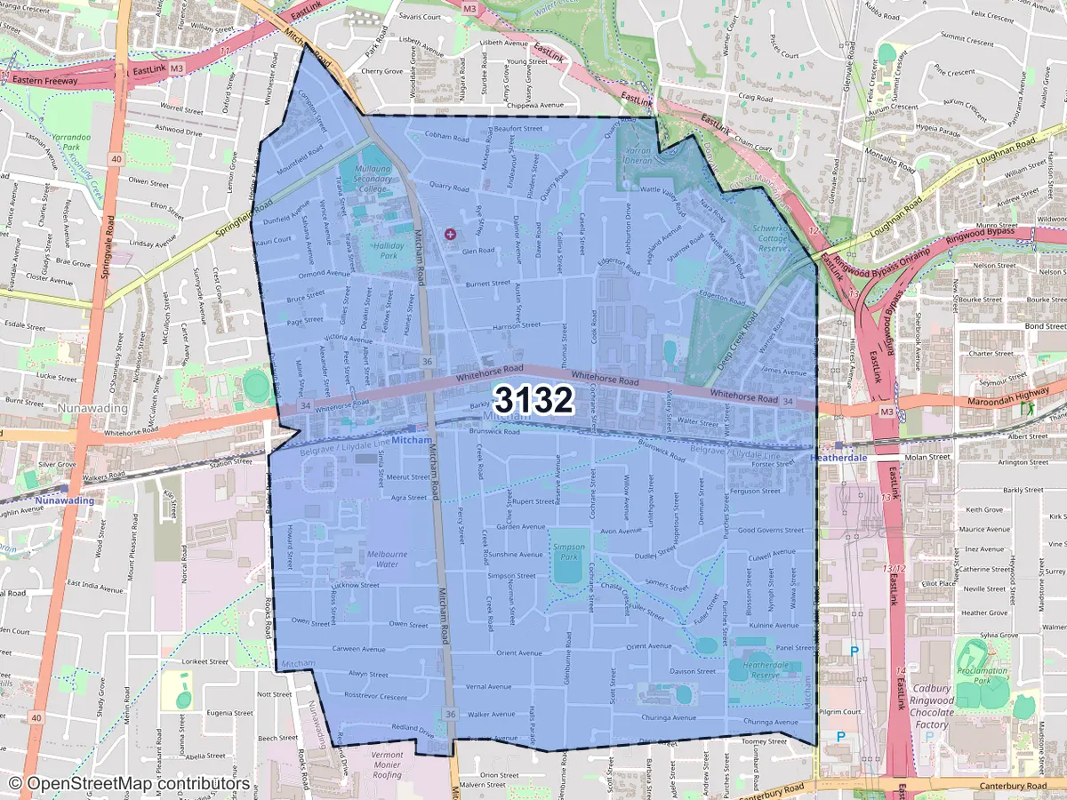 Map of Mitcham, VIC, showing its postcode areas as colored shapes and the suburb outline as a dashed line