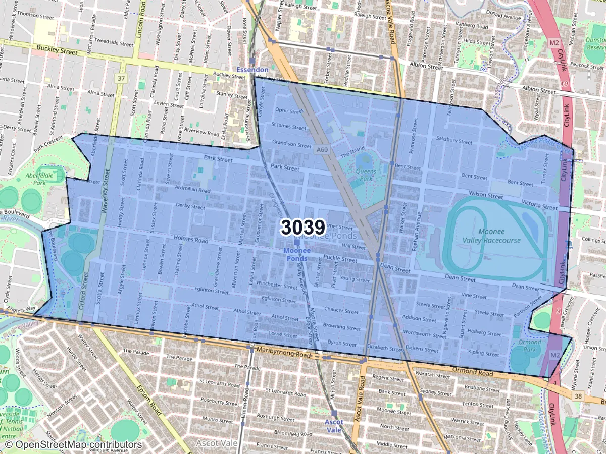 Map of Moonee Ponds, VIC, showing its postcode areas as colored shapes and the suburb outline as a dashed line