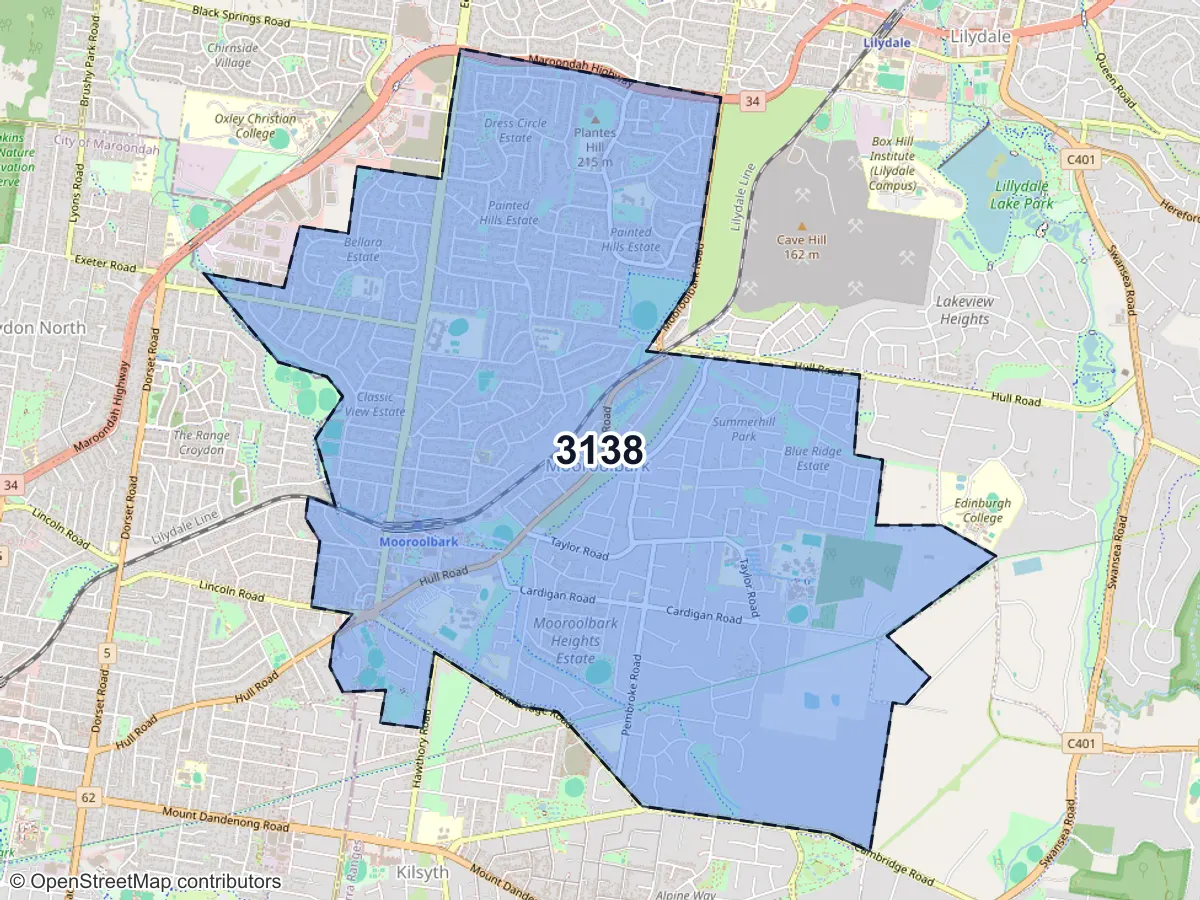 Map of Mooroolbark, VIC, showing its postcode areas as colored shapes and the suburb outline as a dashed line