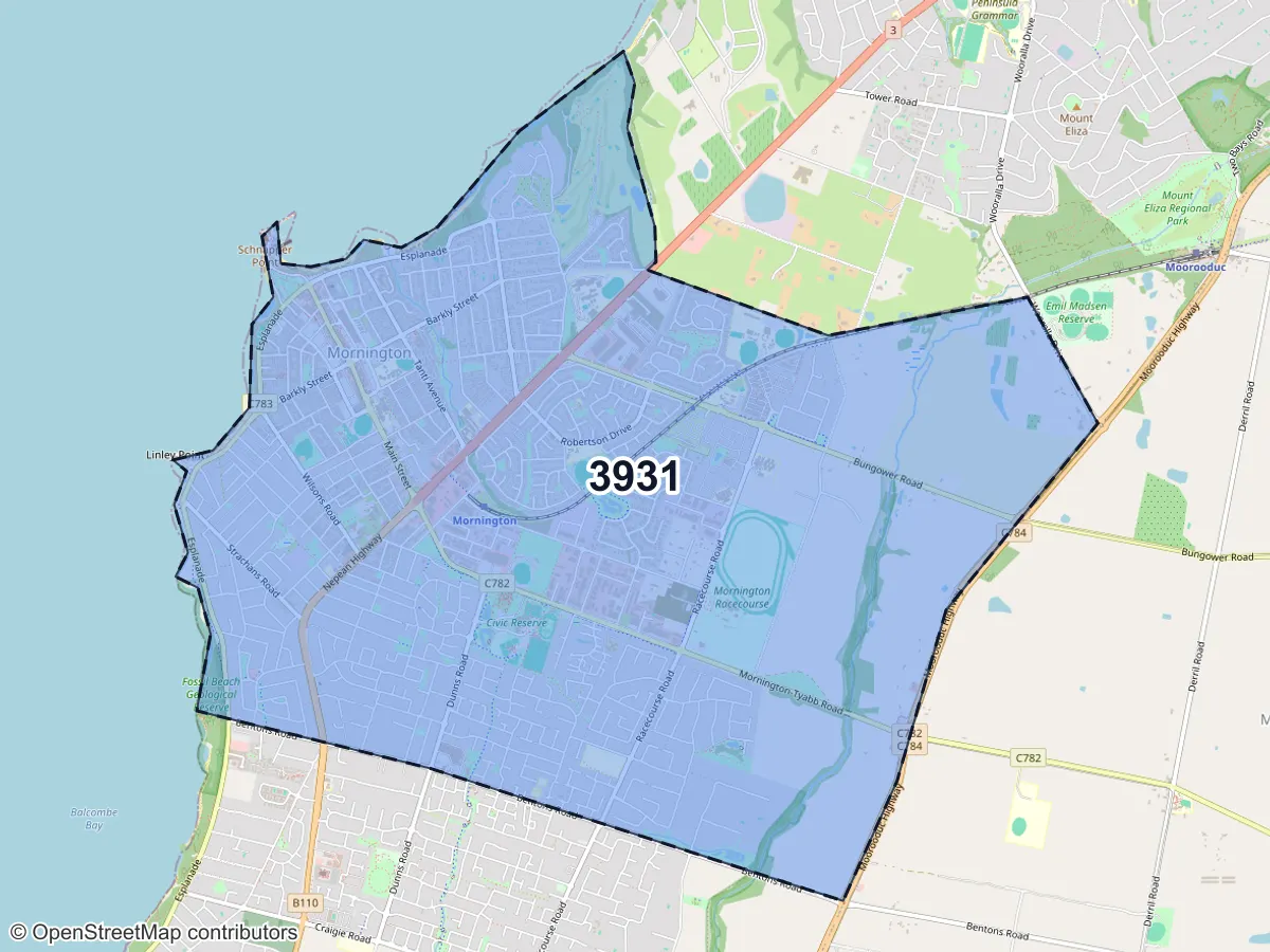 Map of Mornington, VIC, showing its postcode areas as colored shapes and the suburb outline as a dashed line
