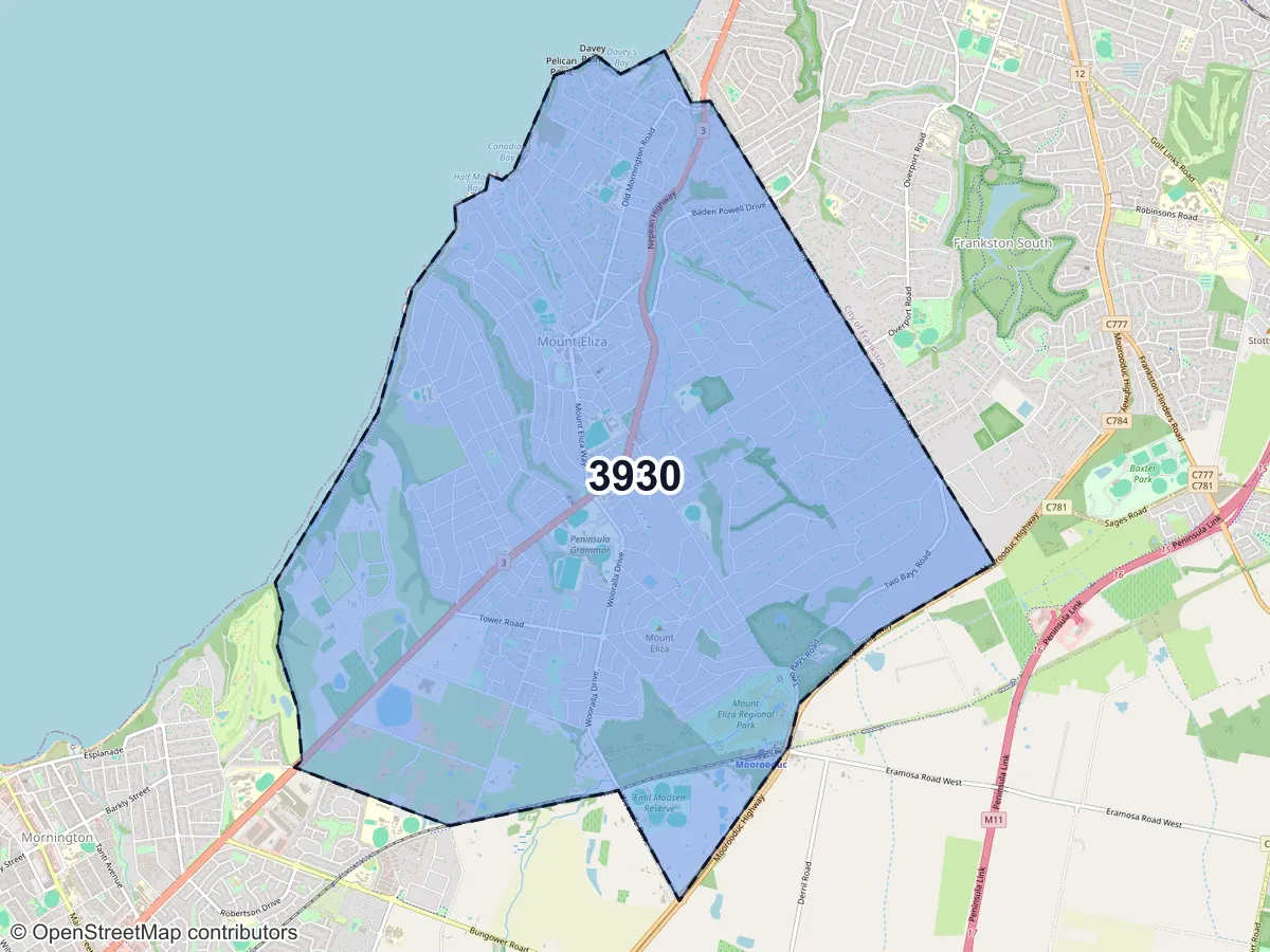 Map of Mount Eliza, VIC, showing its postcode areas as colored shapes and the suburb outline as a dashed line