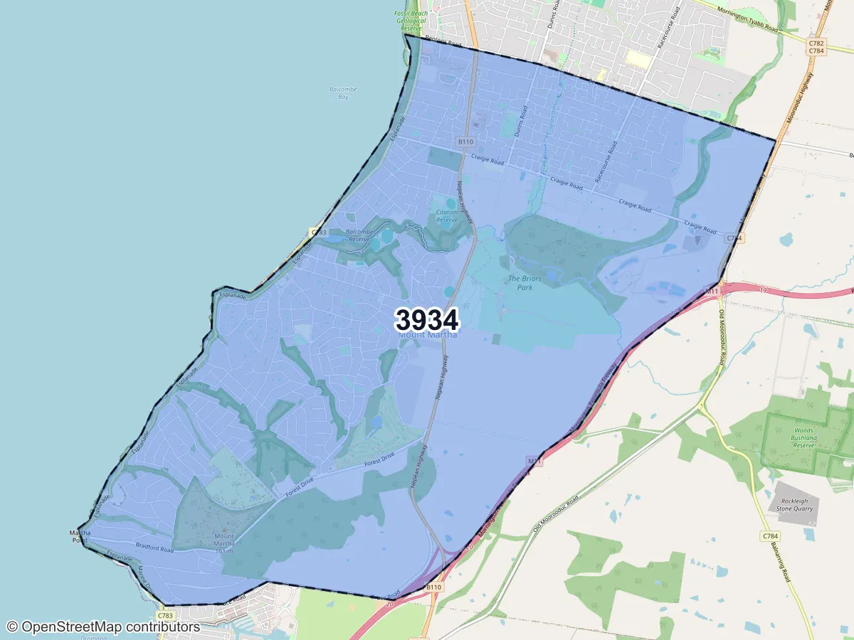 Map of Mount Martha, VIC, showing its postcode areas as colored shapes and the suburb outline as a dashed line