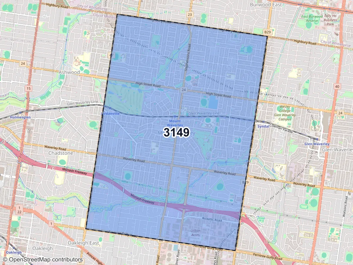 Map of Mount Waverley, VIC, showing its postcode areas as colored shapes and the suburb outline as a dashed line