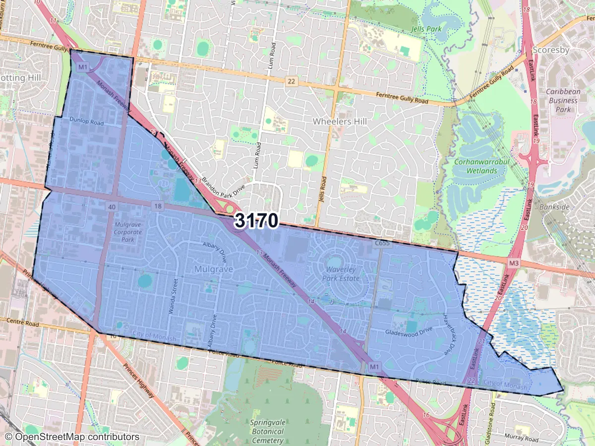 Map of Mulgrave, VIC, showing its postcode areas as colored shapes and the suburb outline as a dashed line