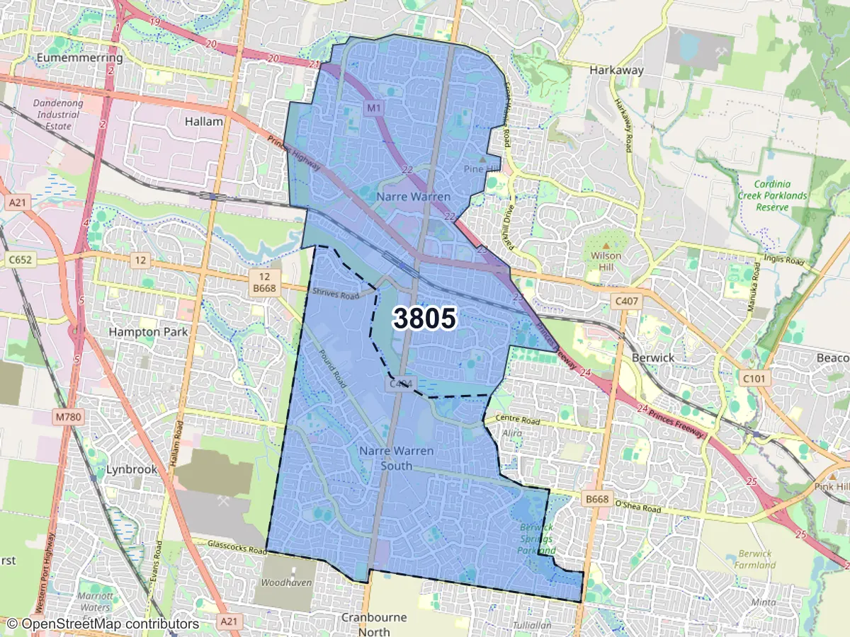 Map of Narre Warren South, VIC, showing its postcode areas as colored shapes and the suburb outline as a dashed line