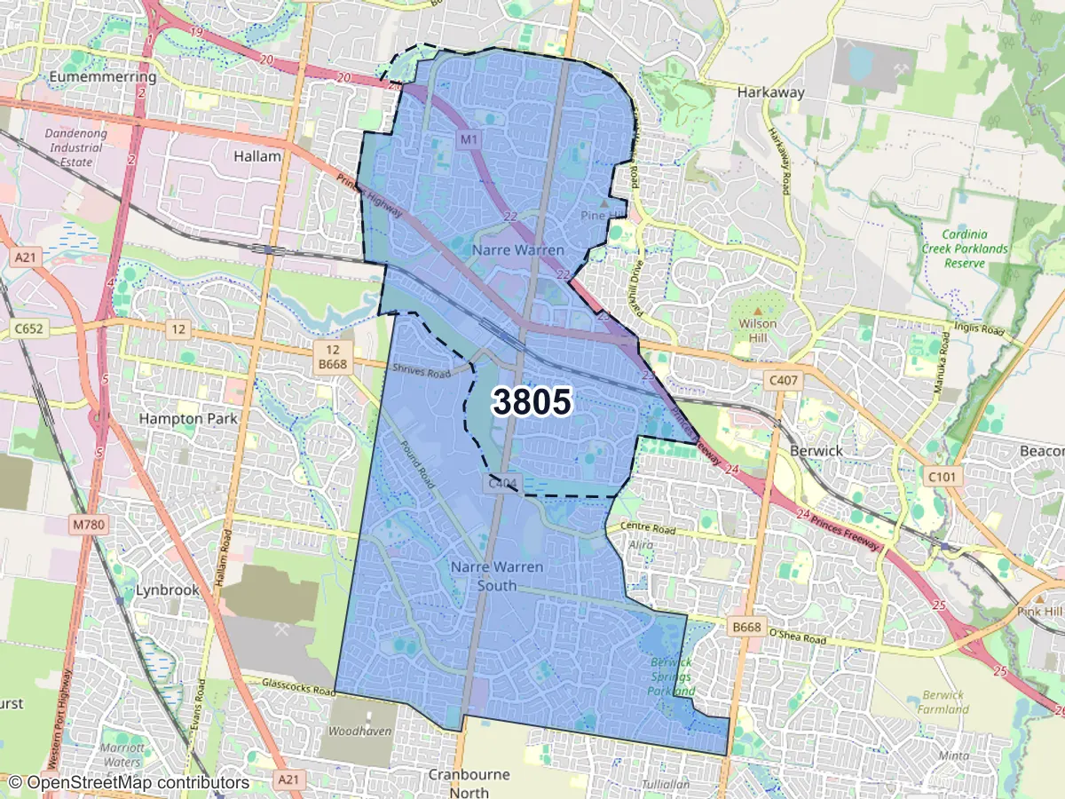 Map of Narre Warren, VIC, showing its postcode areas as colored shapes and the suburb outline as a dashed line