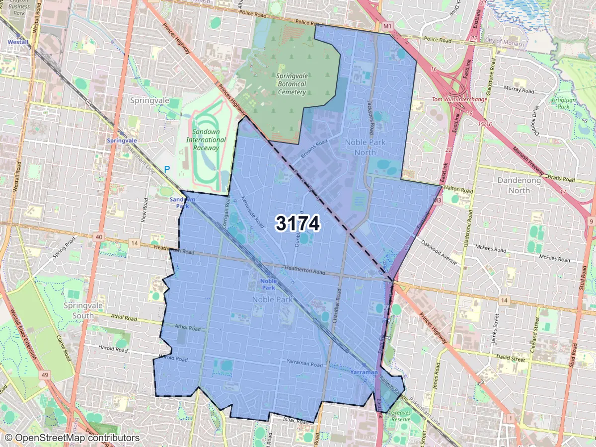 Map of Noble Park, VIC, showing its postcode areas as colored shapes and the suburb outline as a dashed line