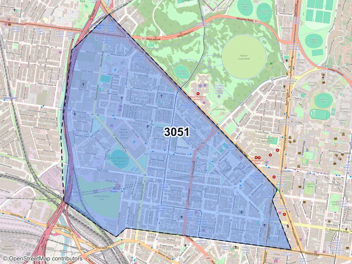 Map of North Melbourne, VIC, showing its postcode areas as colored shapes and the suburb outline as a dashed line