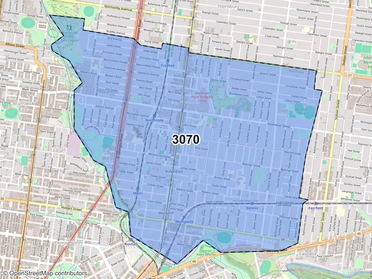 Map of Northcote, VIC, showing its postcode areas as colored shapes and the suburb outline as a dashed line
